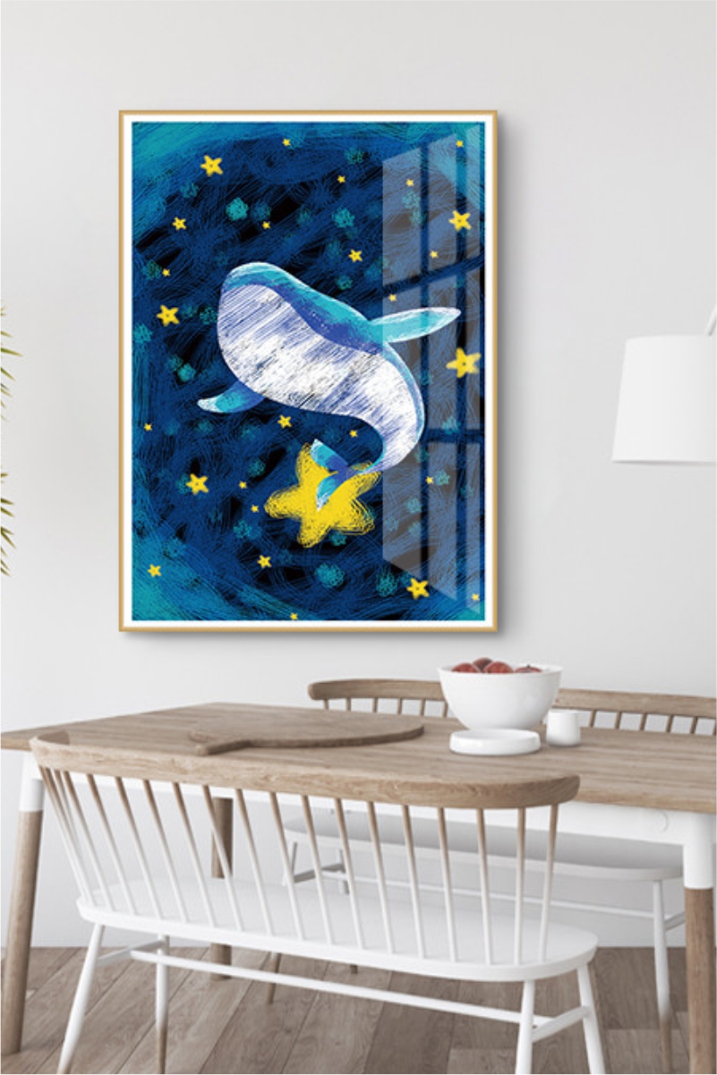 海洋鱼蓝色海豚鲸鱼梦幻星空装饰画卡通宝宝房床头装饰布置挂画壁画