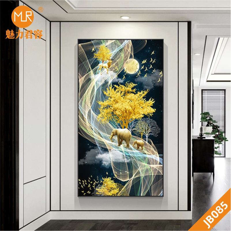 新中式现代抽象线条金色森林飞鸟麋鹿大象玄关装饰画无框挂画壁画