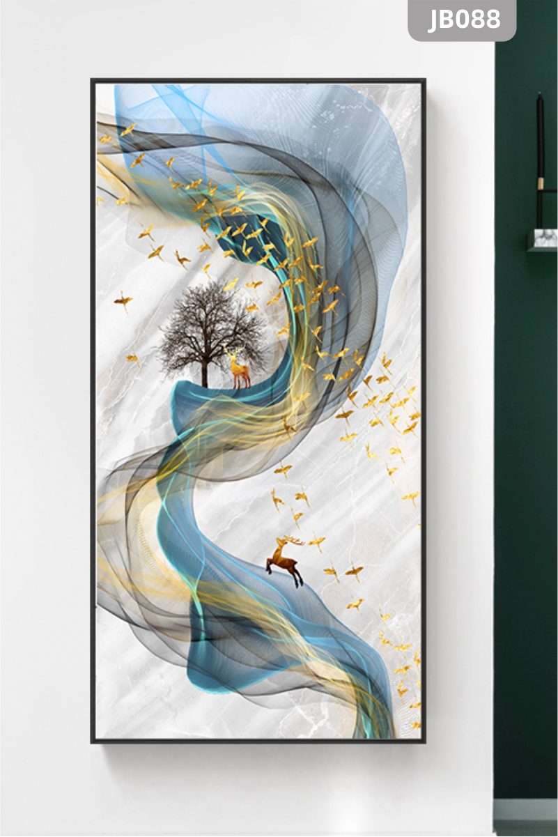 新中式现代艺术抽象水墨风景玄关壁画装饰画麋鹿发财树吉祥鸟挂画