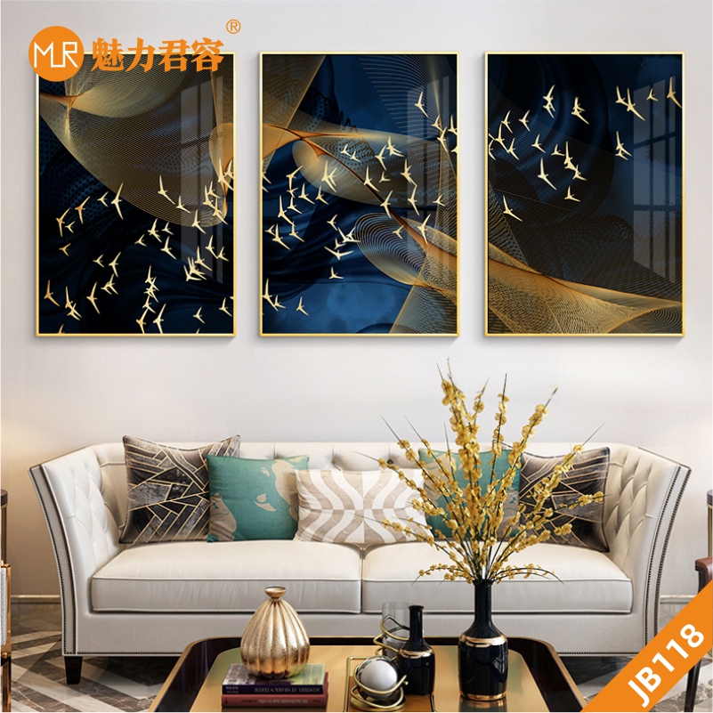 新中式客厅装饰画金色飞鸟现代简约沙发背景走廊过道挂画三联晶瓷画挂画 