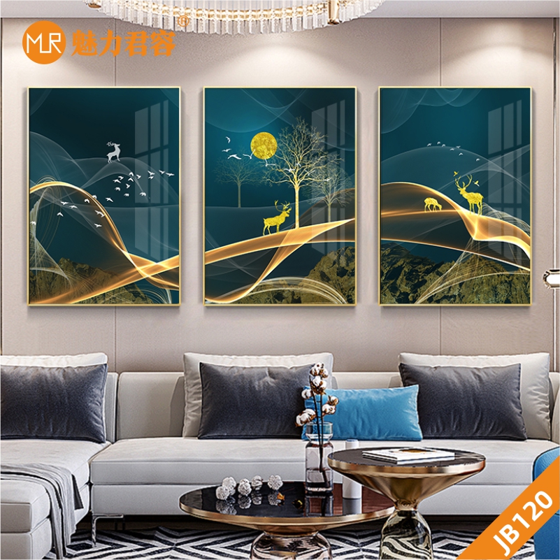 轻奢客厅沙发背景墙装饰画现代简约欧式三联金色麋鹿挂画晶瓷挂画 