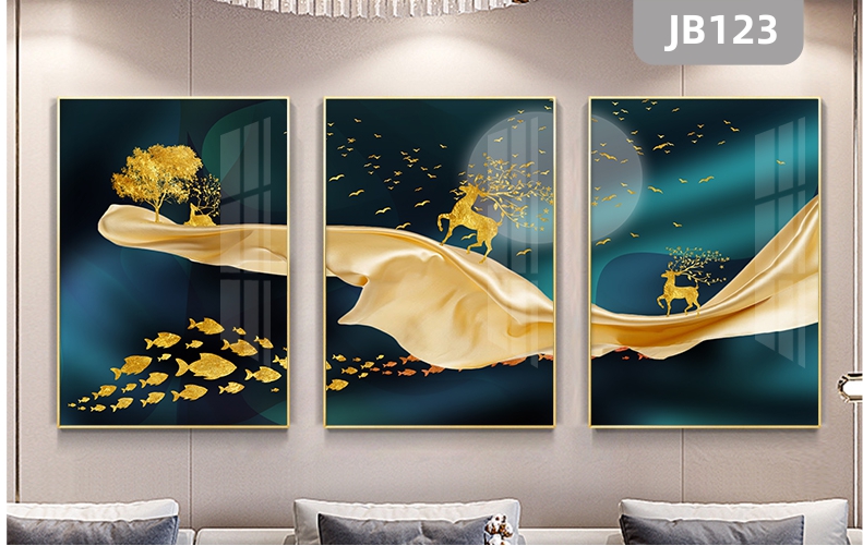 现代轻奢客厅装饰画招财麋鹿餐厅鱼群壁画简约美式沙发背景墙三联挂画