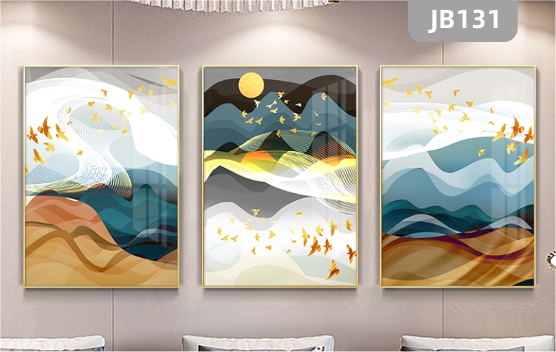 新中式飞鸟日出金色意境山水画芯客厅沙发背景墙山脉三联装饰画晶瓷画