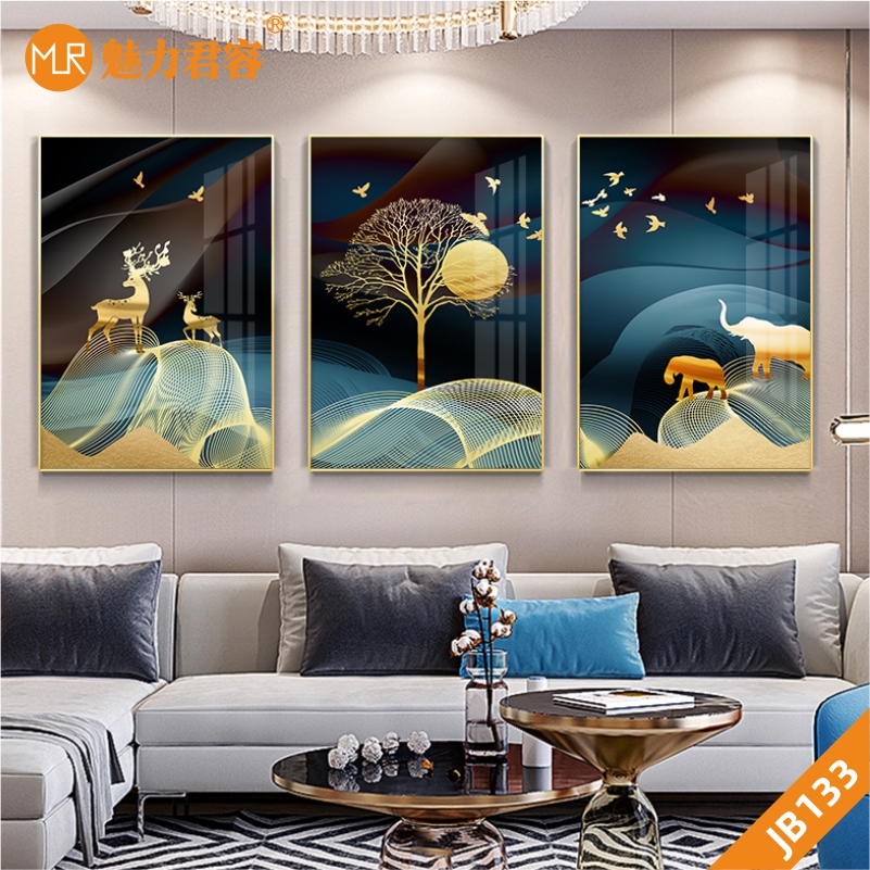 现代简约金色线条装饰画大象鹿飞鸟树木组合晶瓷画客厅沙发背景墙三联挂画