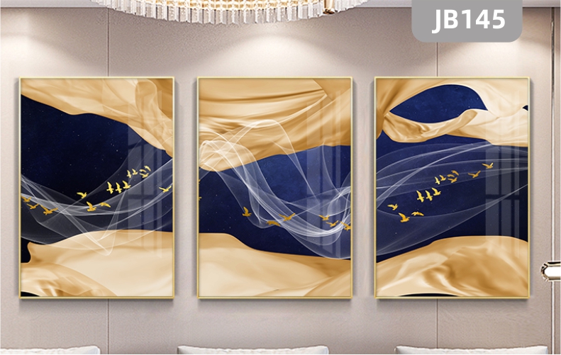 金色抽象线条烟雾飞鸟装饰画客厅沙发背景墙装饰挂画三联组合晶瓷画