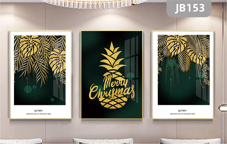 现代轻奢客厅装饰画美式金色树叶菠萝餐厅挂画卧室背景墙三联挂画