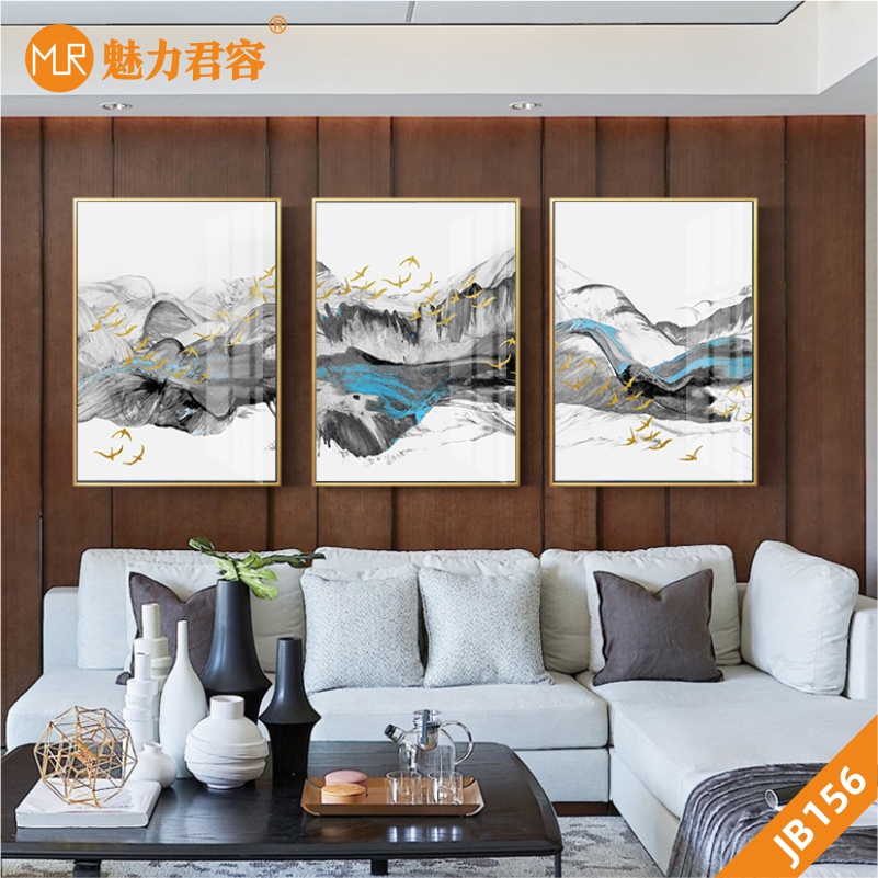 新中式客厅装饰画沙发背景墙壁画水墨山水风景飞鸟三联挂画晶瓷画