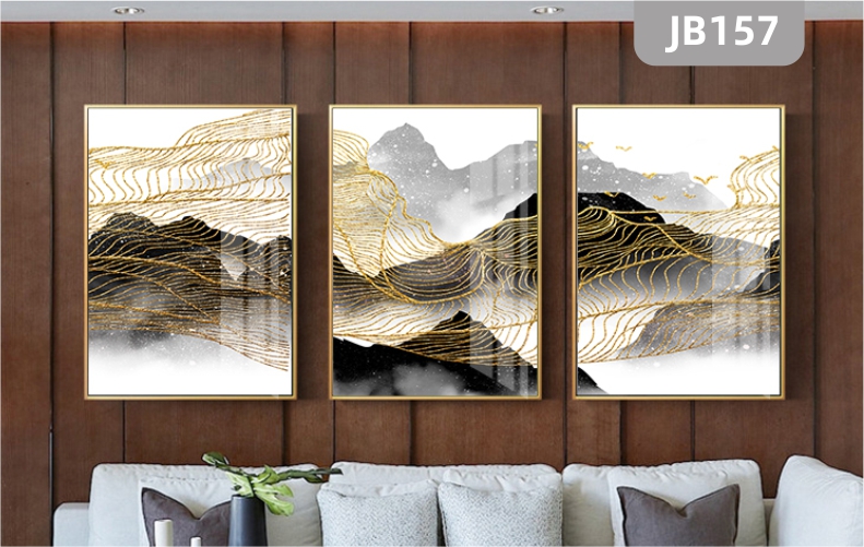 现代简约客厅装饰画轻奢抽象金色线条山脉壁画走廊过道三联挂画晶瓷画