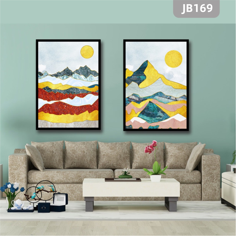 定制现代山峰抽象纯手绘挂画客厅走廊装饰画沙发背景壁画两联挂画