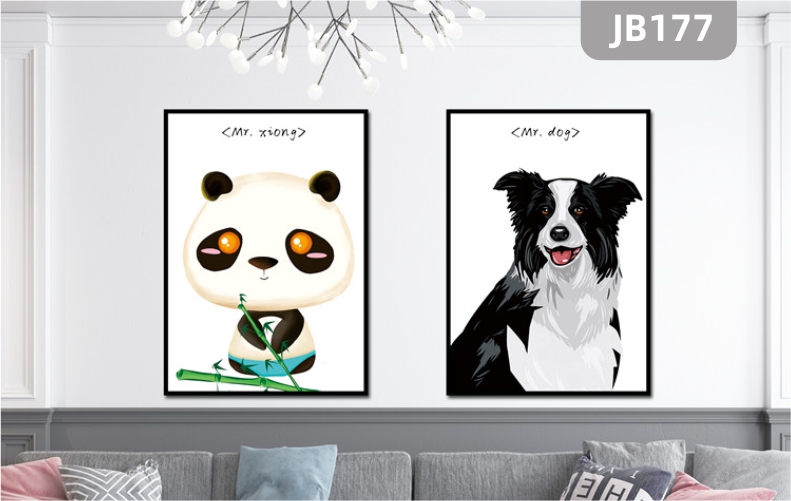 现代中式手绘油彩画可爱动物猫狗客厅装饰画熊猫减压填充填色两联挂画