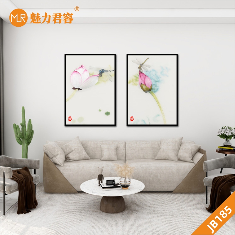 新中式茶室禅意挂画国风荷花蜻蜓客厅装饰画走廊过道墙画两联壁画