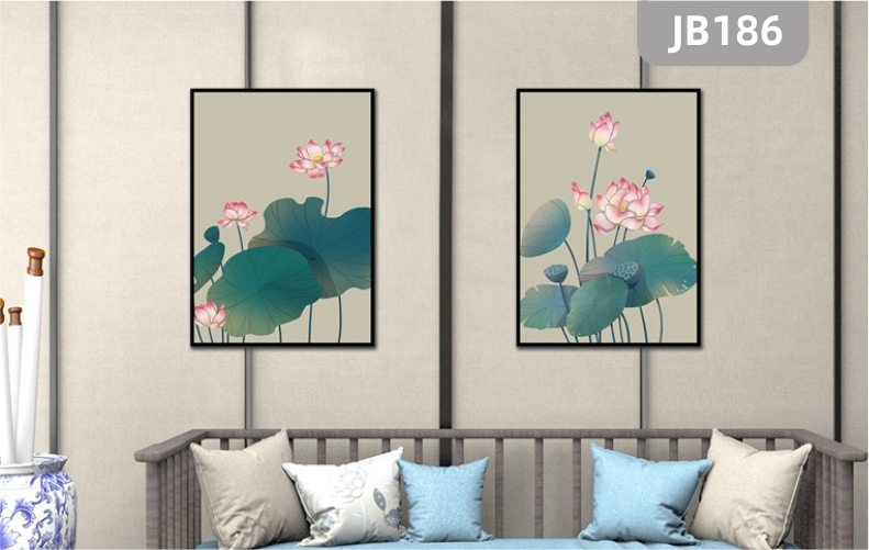 手绘中式荷花客厅装饰画简约现代餐厅卧室挂画北欧小清新两联挂画