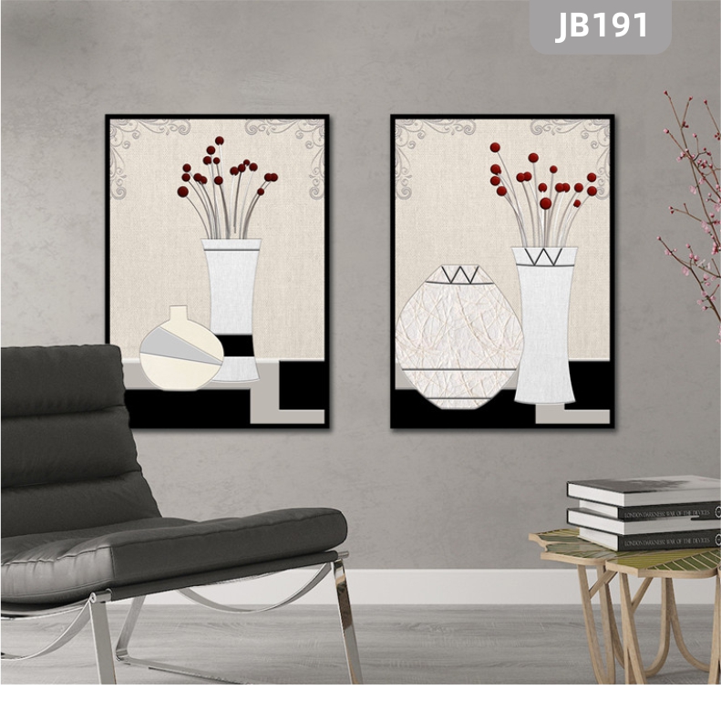 现代简约小清新ins风花朵花瓶手绘插画装饰挂画沙发背景墙两联壁画
