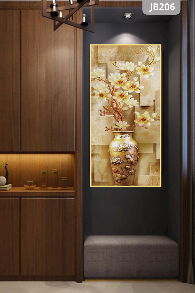 欧式富贵抽象手绘玫瑰花瓶花卉北欧金色发财树装饰挂画客厅玄关壁画