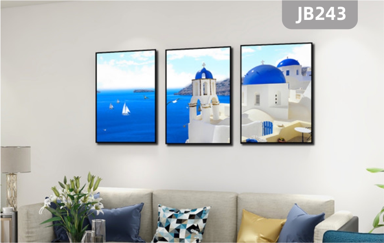蓝天白云大海风景装饰画地中海城堡挂画青年公寓客厅三联挂画壁画