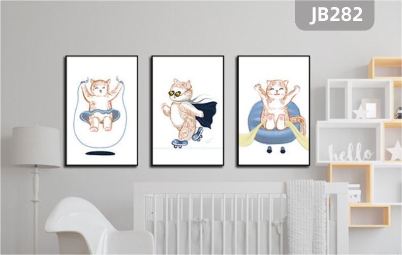现代简约日系可爱胖猫咪猫星人客厅卧室房间挂画壁画沙发背景墙三联装饰画