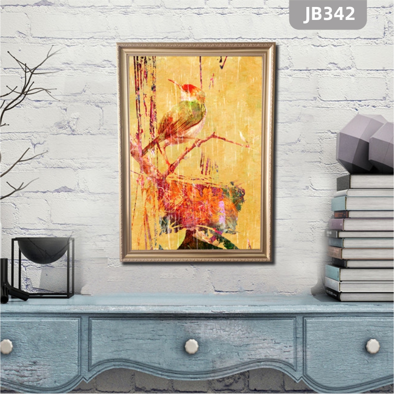 手绘抽象黄色啄木鸟美式现代简约北欧抽象单联大幅客厅沙发背景墙装饰画