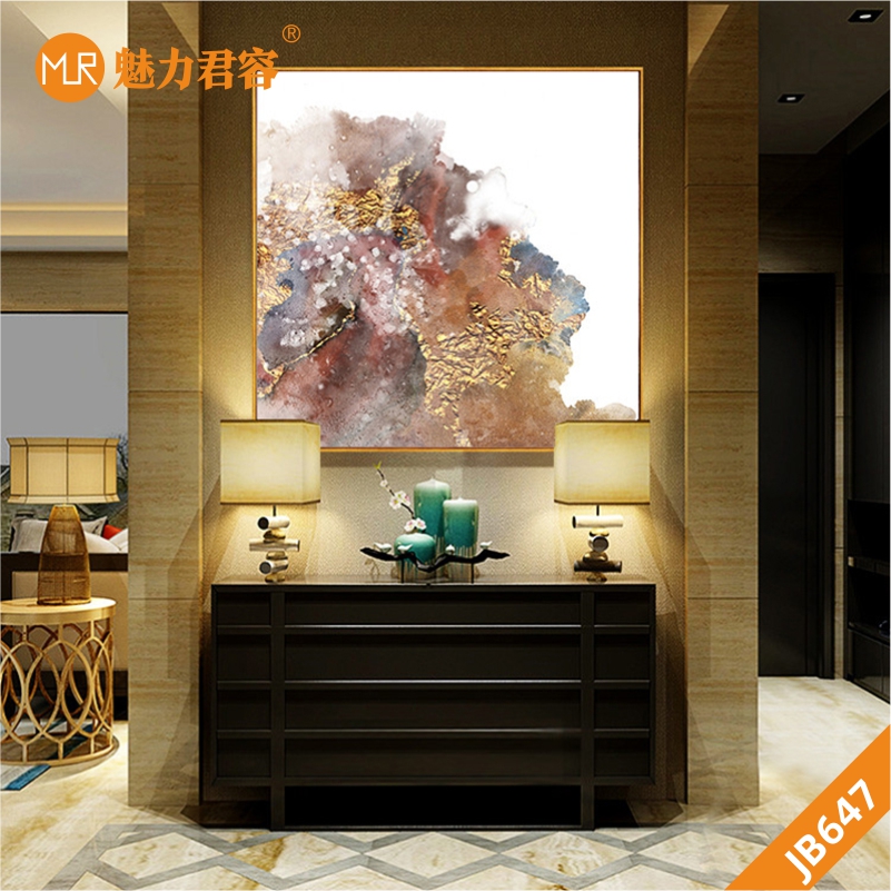 新中式抽象水墨色彩装饰画金色线条走廊竖版挂画客厅沙发背景墙挂画