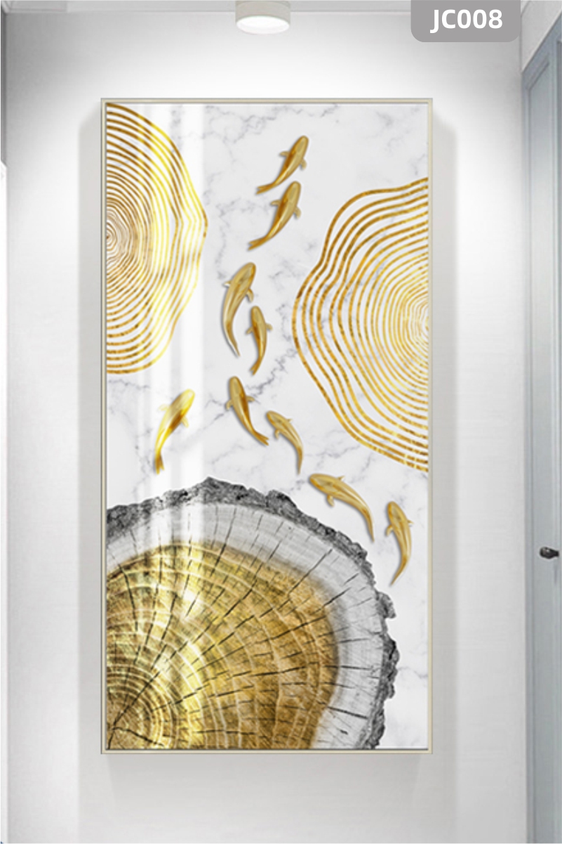 新中式抽象金色年轮线条九鱼图轻奢装饰画玄关挂画客厅沙发挂画竖版