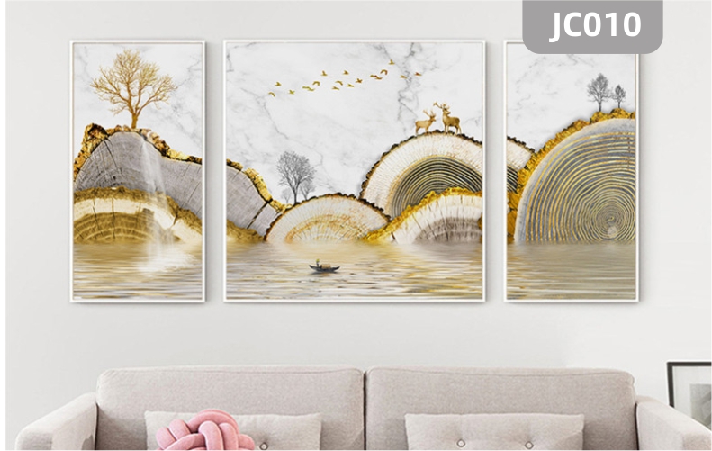 新中式抽象金色年轮山水麋鹿瀑布轻奢玄关客厅沙发背景墙三联挂画