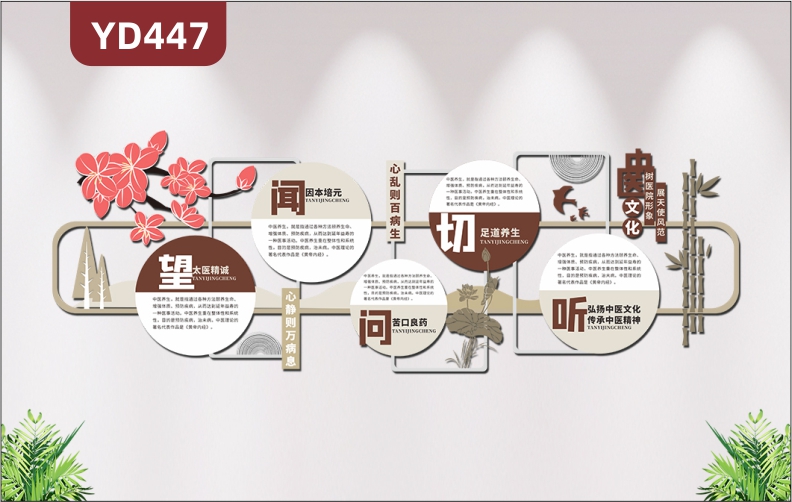 新中式中医院传统医学大医精诚望闻问切文化背景墙装饰3D立体大厅装饰贴