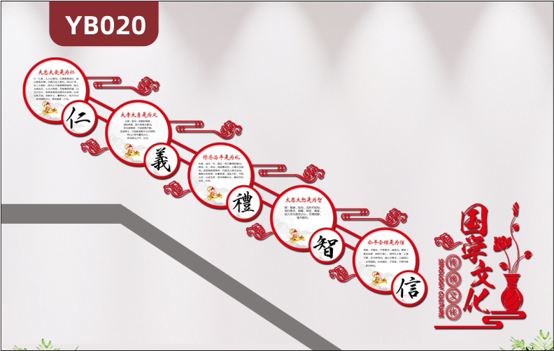 红色古典国学文化经典楼梯文化墙校园文化墙展板仁义礼智信花瓶造型