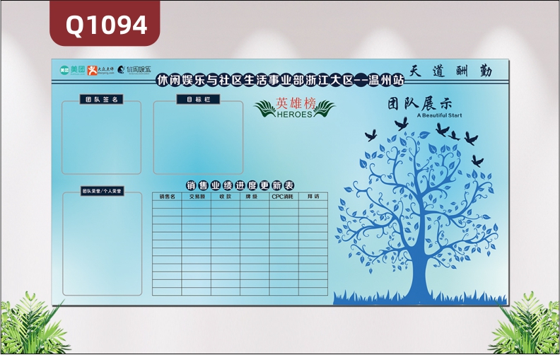 定制企业告示栏天道酬勤英雄榜团队签名目标栏团队荣誉业绩进度更新表大树团队展示墙贴