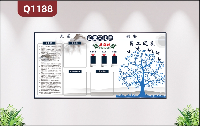 定制企业文化天道酬勤企业制度栏企业目标栏每周业绩排名英雄栏最新消息大树员工风采展示墙贴