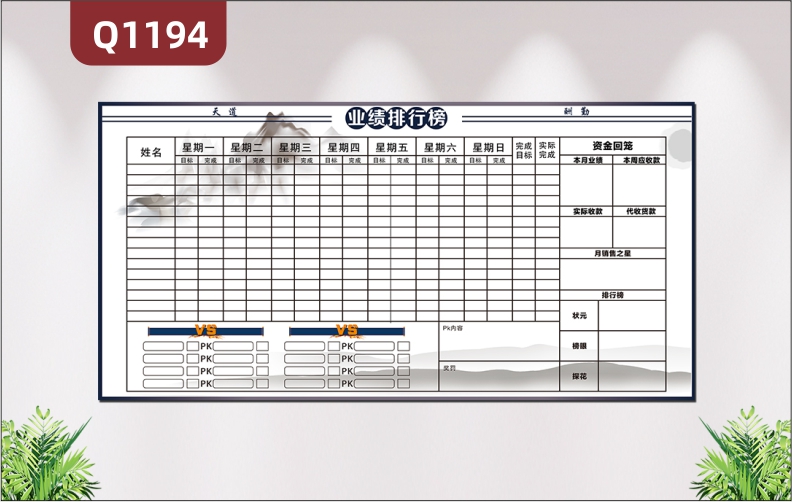 定制企业文化墙天道酬勤业绩排行榜姓名一周目标完成状况展示墙贴