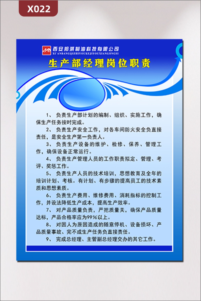 定制制造业生产经理岗位职责通用优质KT板企业名称企业LOGO展示墙贴