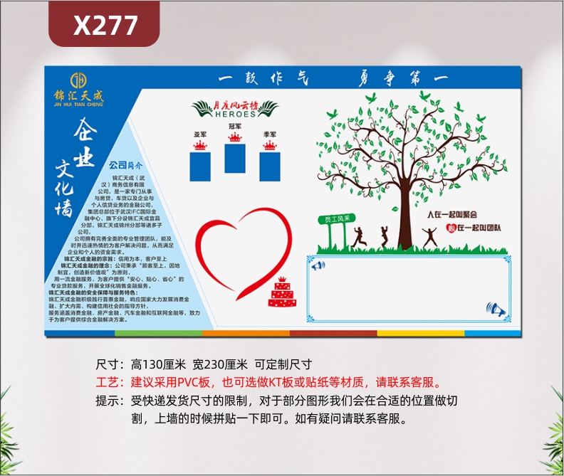 定制企业一鼓作气勇争第一文化墙企业名称企业LOGO文化宫简介月度风云榜员工生日照片栏大树员工风采公告栏