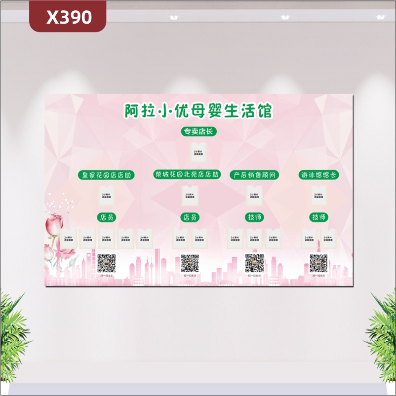 定制母婴连锁生活馆文化展板优质PVC板专卖店长连锁店店助产后销售顾问游泳馆馆长粉色不规则切割面背景展示墙贴