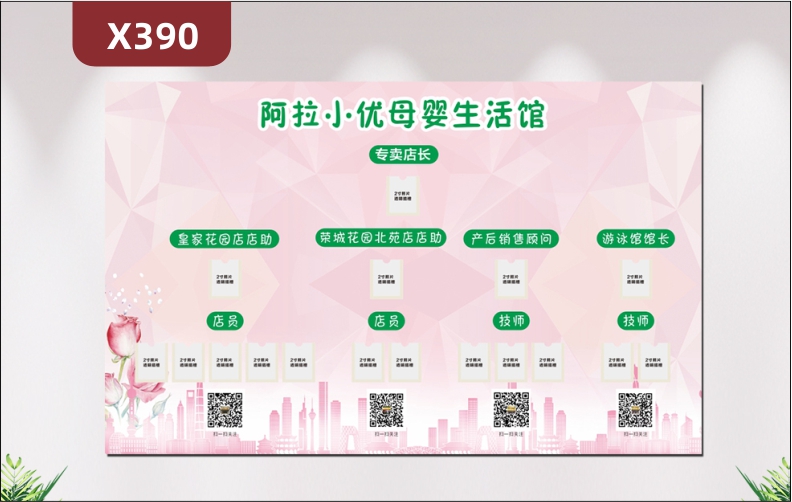 定制母婴连锁生活馆文化展板优质PVC板专卖店长连锁店店助产后销售顾问游泳馆馆长粉色不规则切割面背景展示墙贴