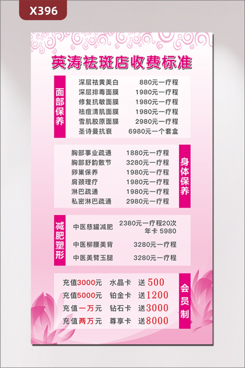 定制美容机构会所收费标准面部保养身体保养减肥塑形会员制展示墙贴