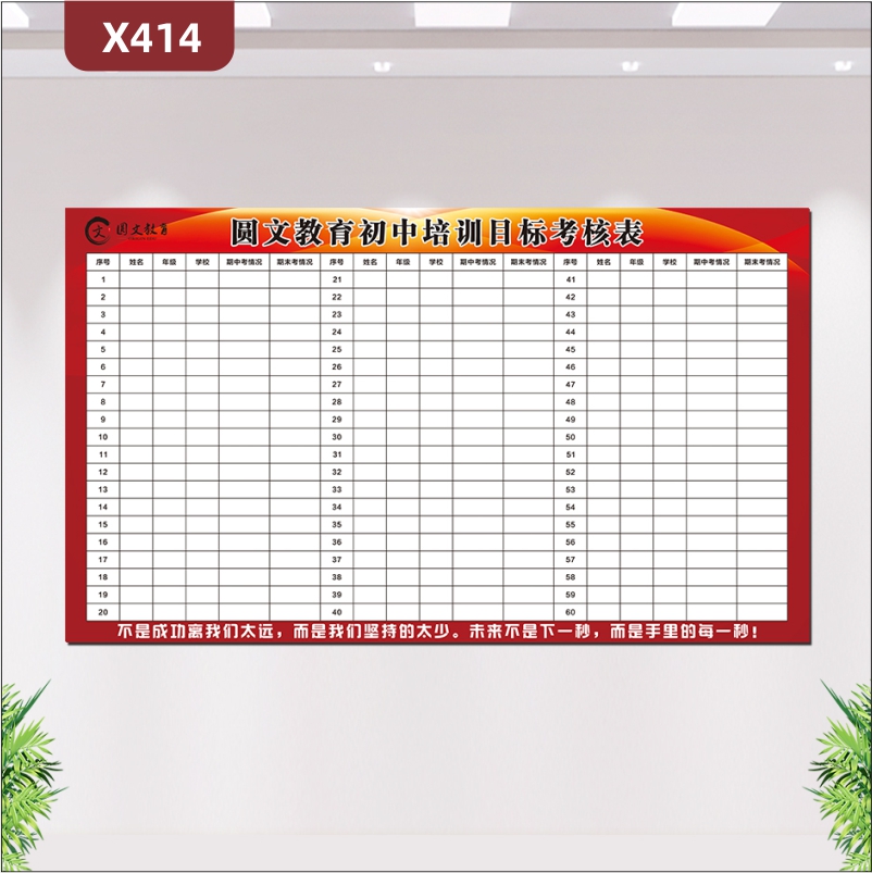 定制教育培训机构文化展板机构名称机构LOGO序号姓名年纪学校期中考情况期末考情况展示墙贴