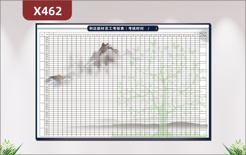 定制企业员工考核表文化展板传统中国水墨画背景姓名日期会计确认展示墙贴