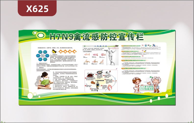 定制H7N9禽流感防控宣传栏文化展板预防措施六种洗手法人人参与防控展示墙贴