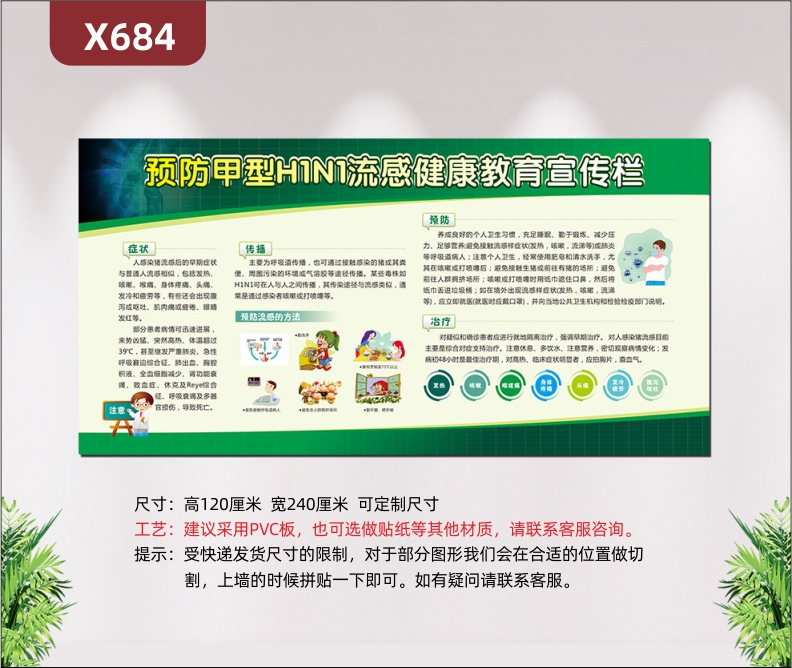 定制公益宣传预防甲型H1N1流感健康教育宣传栏流感的症状传播预防治疗展示墙贴