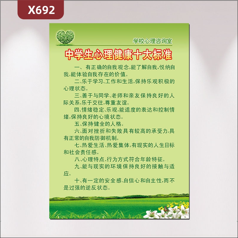 定制学校学生心理健康十大标准文化展板绿色背景正确的自我观念了解自己展示墙贴