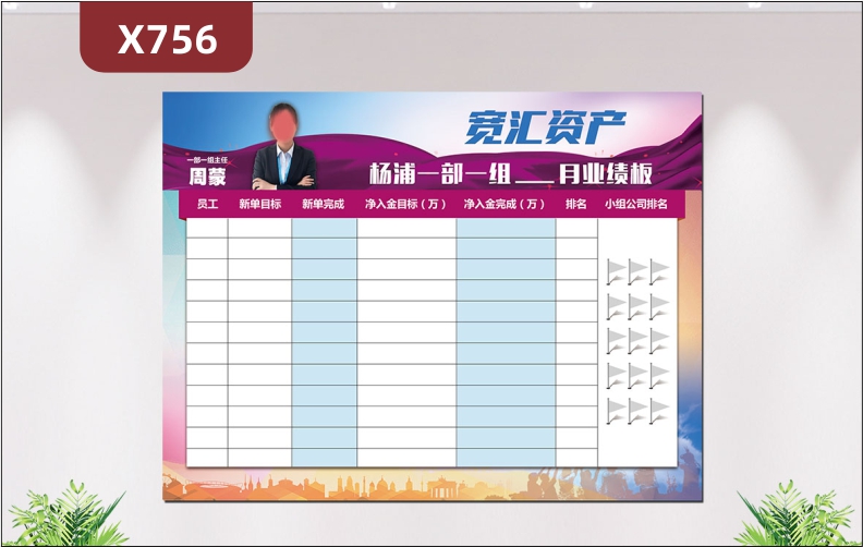 定制时尚几何原创企业通用业绩榜优质印刷贴部门名称员工目标完成目标排名展示墙贴