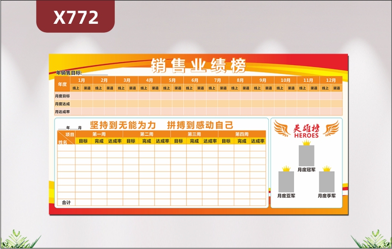 定制大气企业销售业绩榜坚持到无能为力拼搏到感动自己年销售目标月度目标月度达成月达成率月度冠军英雄榜展示墙贴