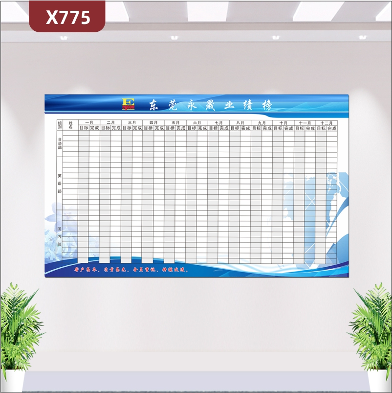定制简约企业通用业绩榜客户为本质量为先优质印刷贴企业名称企业LOGO组别每月目标完成展示墙贴