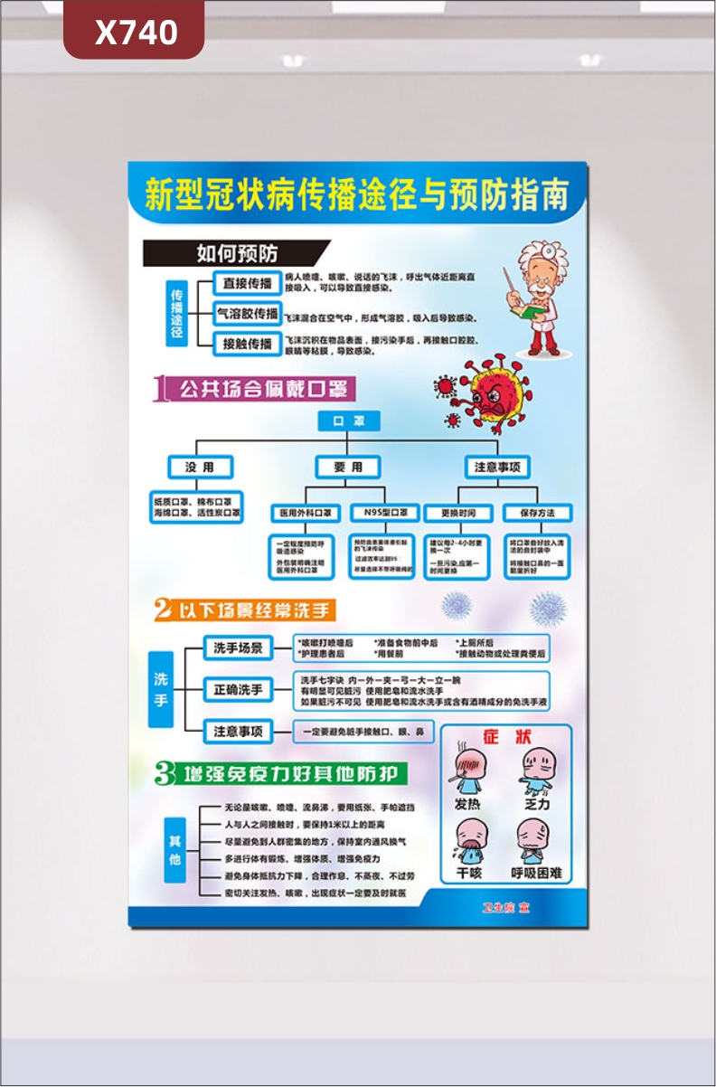 定制个性设计政府展板简约风格新型冠状病毒传播途径与预防指南展示墙贴