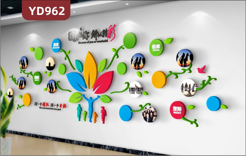 企业文化墙前台卡通装饰墙走廊立体花朵绽放形状团队风采照片展示墙