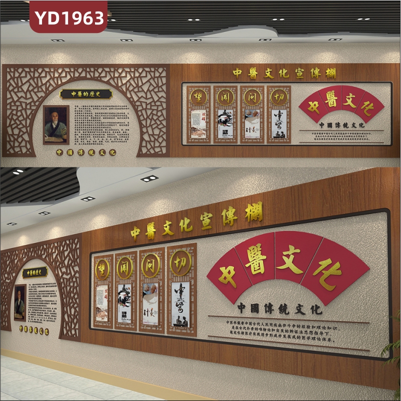 中医历史文化发源宣传墙贴走廊新中式中华传统望闻问切四诊立体展示墙