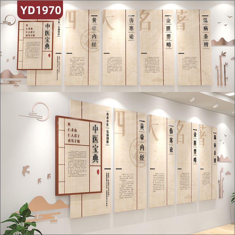 四大中医宝典名著文化展示墙走廊新中式风几何组合挂画立体装饰墙贴