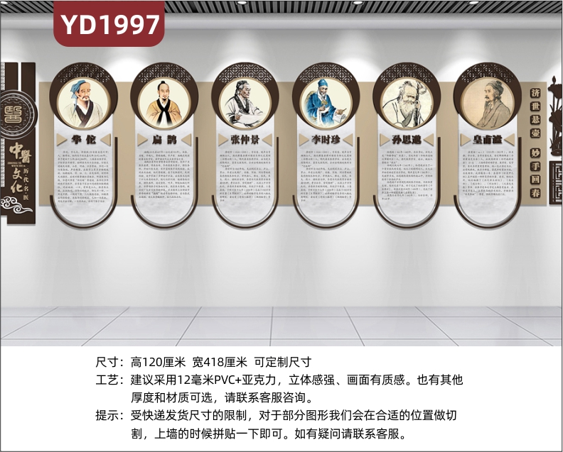 中医文化墙六大名医简介展示墙悬壶济世妙手回春立体宣传标语装饰墙贴