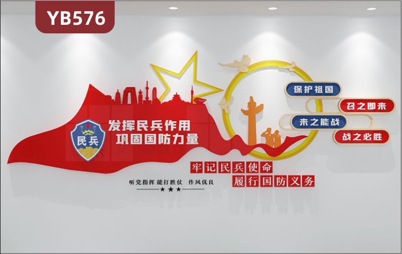 民兵服务站文化墙听党指挥能打胜仗理念标语展示墙中国红立体装饰墙贴