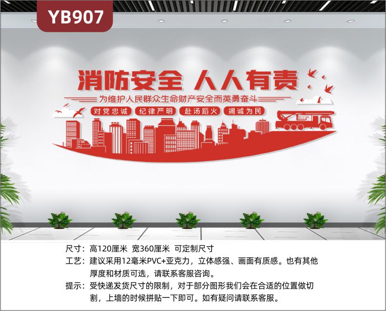 消防安全人人有责走廊十六字方针组合简介展示墙中国红立体装饰墙贴