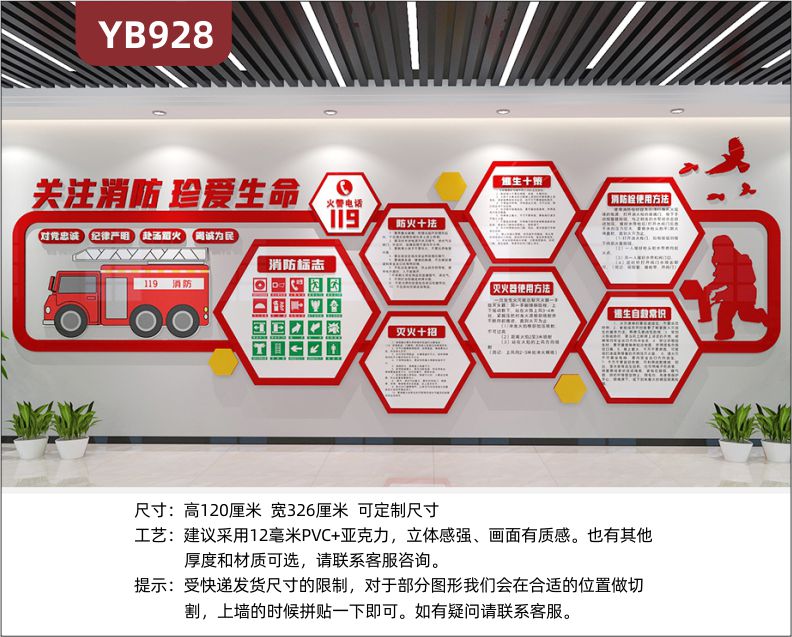 消防标志展示墙防火十法灭火十招消防器材使用方法几何组合装饰墙贴